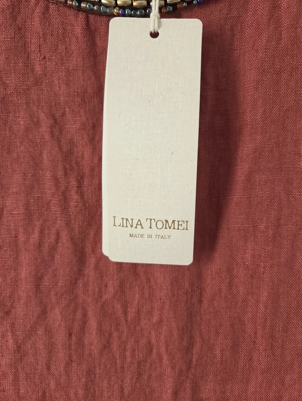NWT Lina Tomei Linen Coccio Dress, Sz M. Rust, Burnt Orange With Beading - Picture 4 of 10